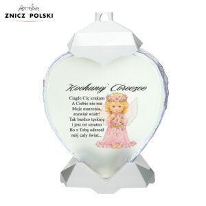 Biały personalizowany znicz z aniołkiem w kształcie serca z własną dedykacją
