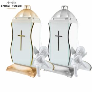 Wyjątkowy znicz artystyczny z ceramiczną figurką aniołka GLASS ANIOŁ biało-złoty lub biało-srebrny