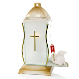 Wyjątkowy znicz wielkanocny z ceramiczną figurką baranka GLASS BARANEK biało-złoty