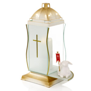Wyjątkowy znicz wielkanocny z ceramiczną figurką baranka GLASS BARANEK biało-złoty