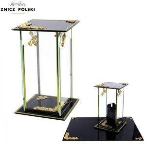 Prosty zodobny szklany znicz kapliczka w kolorze czarnym ze złotymi ornamentami GLASS DEKOR