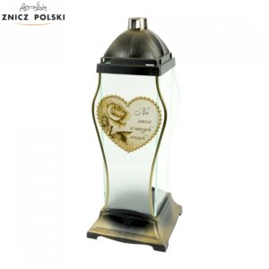 Znicz kapliczka z sercem i napisem "Na zawsze w naszych sercach" złoty
