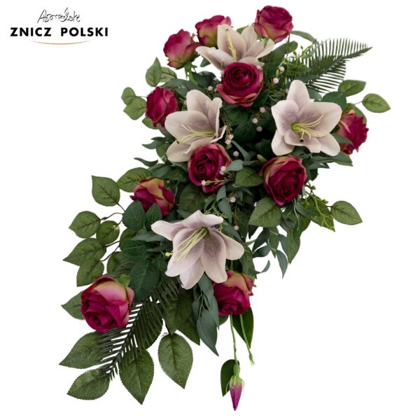 Klasyczna kompozycja nagrobna w formie wiązanki w obciążonej donicy z kwiatów lilii i róż 80cm