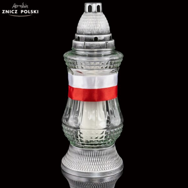 Elegancki skromny znicz szklany z ozdobną szarfą w kolorze biało - czerwonym Patriotyczny Z411 NARODOWY
