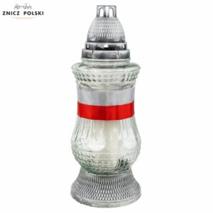 Elegancki skromny znicz szklany z ozdobną szarfą w kolorze biało - czerwonym Patriotyczny Z411 NARODOWY