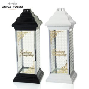 Elegancki wysoki biały lub czarny znicz z napisem "Kochamy Pamiętamy" RAVENA LUXFER