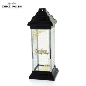 Elegancki wysoki biały lub czarny znicz z napisem "Kochamy Pamiętamy" RAVENA LUXFER