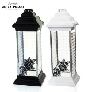 Nagrobny biały lub czarny wysoki znicz z efektem luxferów i kwiatem srebrnej róży RAVENA LUXFER RÓŻA