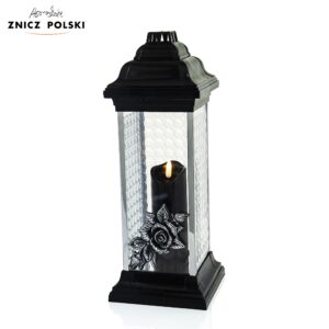 Nagrobny biały lub czarny wysoki znicz z efektem luxferów i kwiatem srebrnej róży RAVENA LUXFER RÓŻA