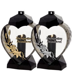 Duży czarno- złoty lub czarno-srebrny znicz w kształcie serca z kwiatem lilii dla Dziadka