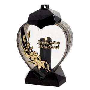 Duży czarno- złoty lub czarno-srebrny znicz w kształcie serca z kwiatem lilii dla Dziadka