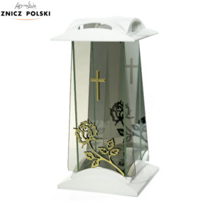 Elegancki biało-złoty wysoki znicz nagrobny z efektem infinity SUKNIA LUSTRO RÓŻA KRZYŻ