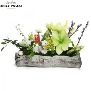 Elegancki stroik wielkanocny w drewnianej białej donicy w kształcie serca z ceramicznym srebrnym zającem