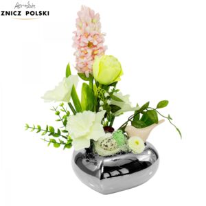 Kompozycja wielkanocna w eleganckiej ceramicznej srebrnej donicy w kształcie serca