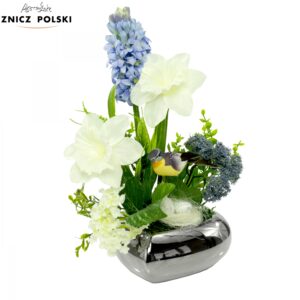 Kompozycja wielkanocna w eleganckiej ceramicznej srebrnej donicy w kształcie serca
