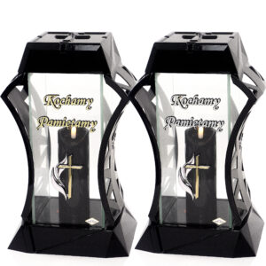 Znicz o nowoczesnym wzornistwie z dedykacją KOCHAMY PAMIĘTAMY i symbolem krzyża