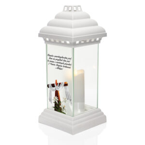 Biały znicz kapliczka z symbolem całunu zmartwychwstałego Jezusa