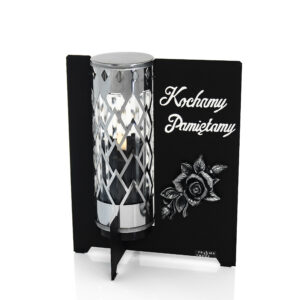 Metalowy znicz w nowoczesnym wydaniu z napisem "Kochamy Pamiętamy"