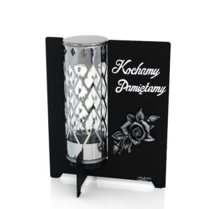 Metalowy znicz w nowoczesnym wydaniu z napisem "Kochamy Pamiętamy"