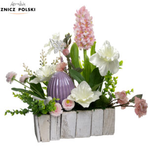 Stroik wielkanocny w drewnianej białej donicy z dużym ceramicznym jajkiem i ptaszkiem