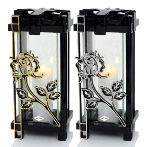 Nowoczesny elegancki znicz w prostej formie z ozdobnym kwiatem róży