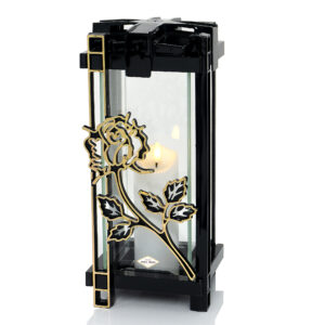 Nowoczesny elegancki znicz w prostej formie z ozdobnym kwiatem róży