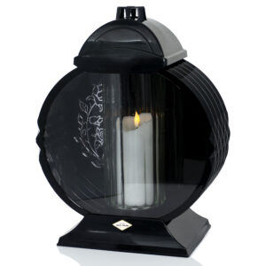 Duży okrągły znicz ze szkła i tworzywa sztucznego z kwiatem róży