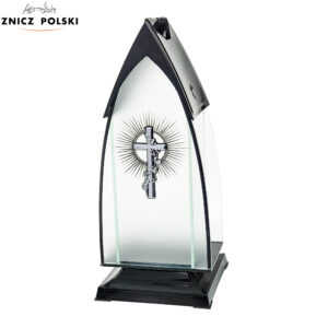 Elegancki stylowy srebrny znicz z krzyżem i hostią