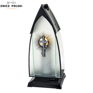 Elegancki stylowy srebrny znicz z krzyżem i hostią