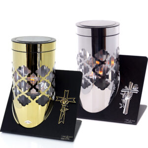 Elegancki i nowoczesny duży nagrobny metalowy znicz solarny z efektem płomienia PARIS C SOLAR KRZYŻ