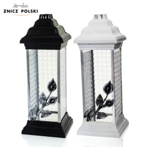 Czarny lub biały nagrobny wysoki znicz z efektem luxferów i kwiatem srebrnej Kalli RAVENA LUXFER