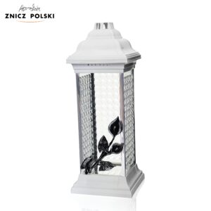 Czarny lub biały nagrobny wysoki znicz z efektem luxferów i kwiatem srebrnej Kalli RAVENA LUXFER