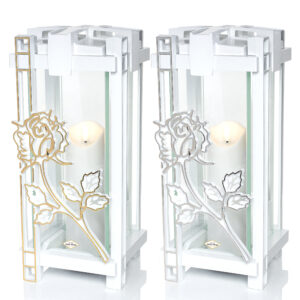 Nowoczesny elegancki biały znicz w formie kolumny z ozdoobną różą