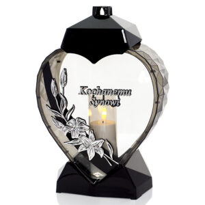 Duży czarno-srebrny znicz w kształcie serca z kwiatem lilii dla Syna