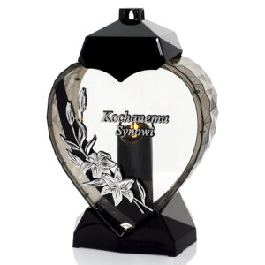 Duży czarno-srebrny znicz w kształcie serca z kwiatem lilii dla Syna