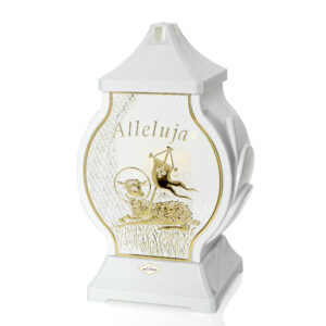 Nowoczesny biały znicz wielkanocny w okrągłej formie z motywem baranka