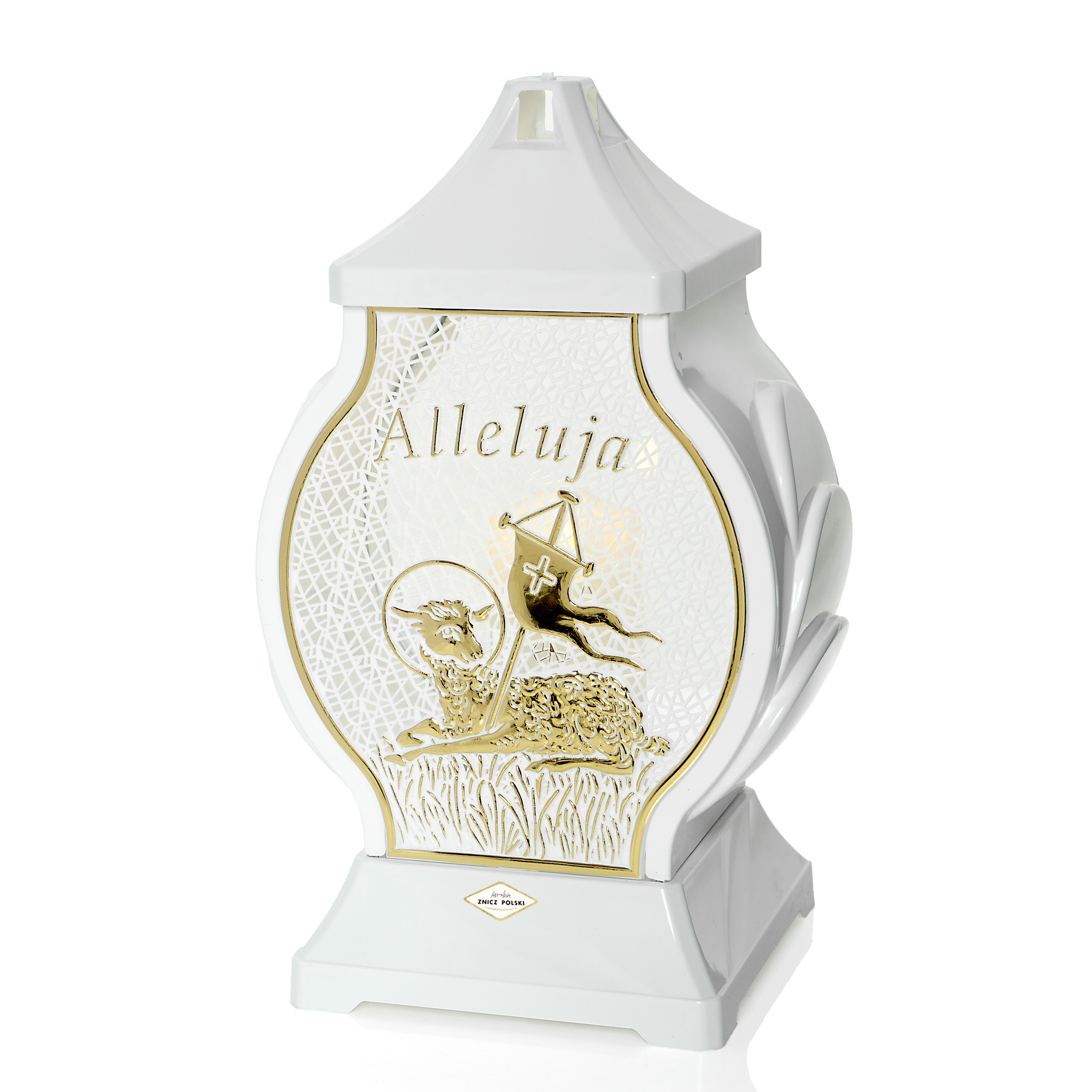 Nowoczesny biały znicz wielkanocny w okrągłej formie z motywem baranka