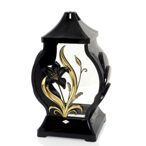 Okrągły znicz z ozodbnym czarnym kwiatem lilii