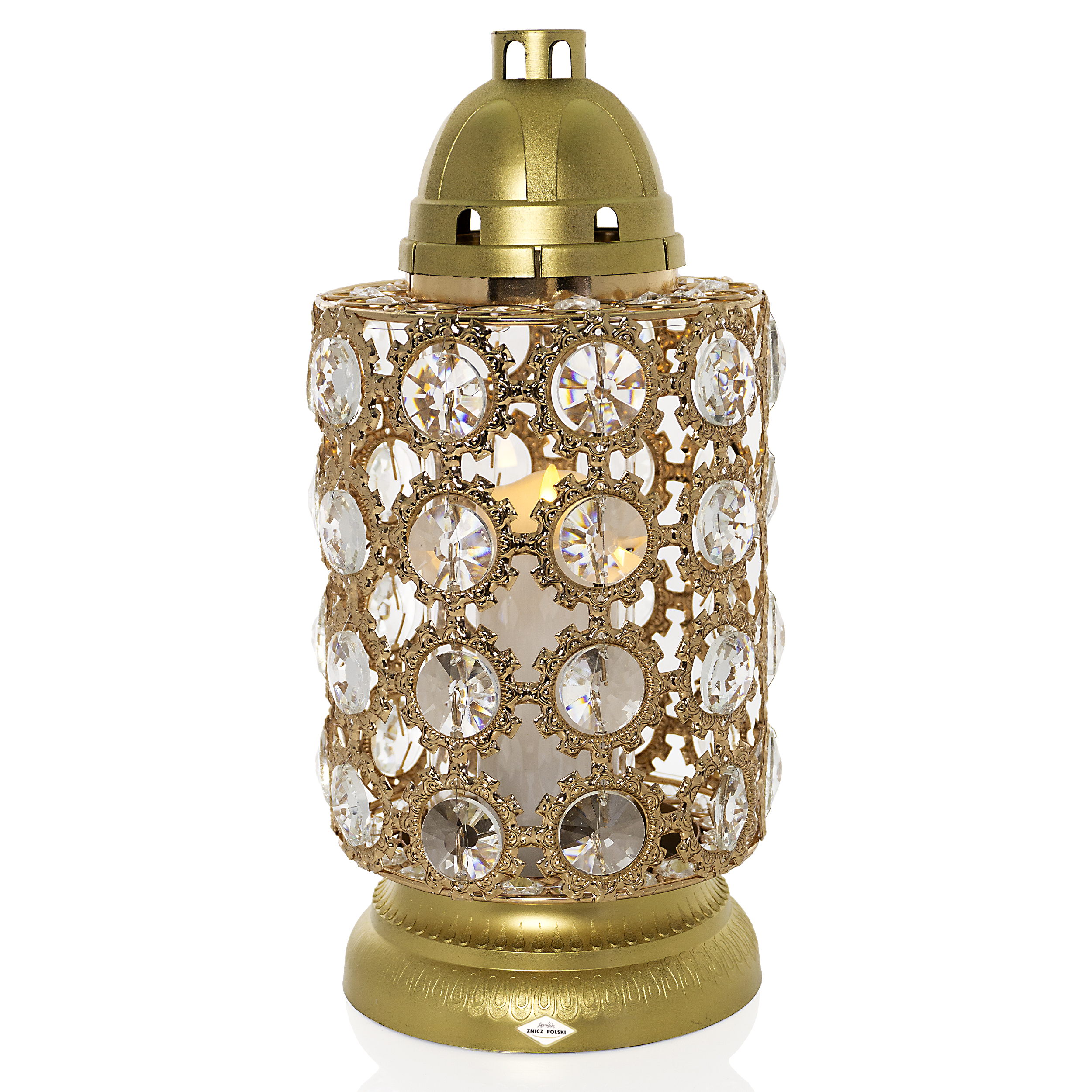 Efektowny złoty znicz z serii premium w formie walca z kryształkami