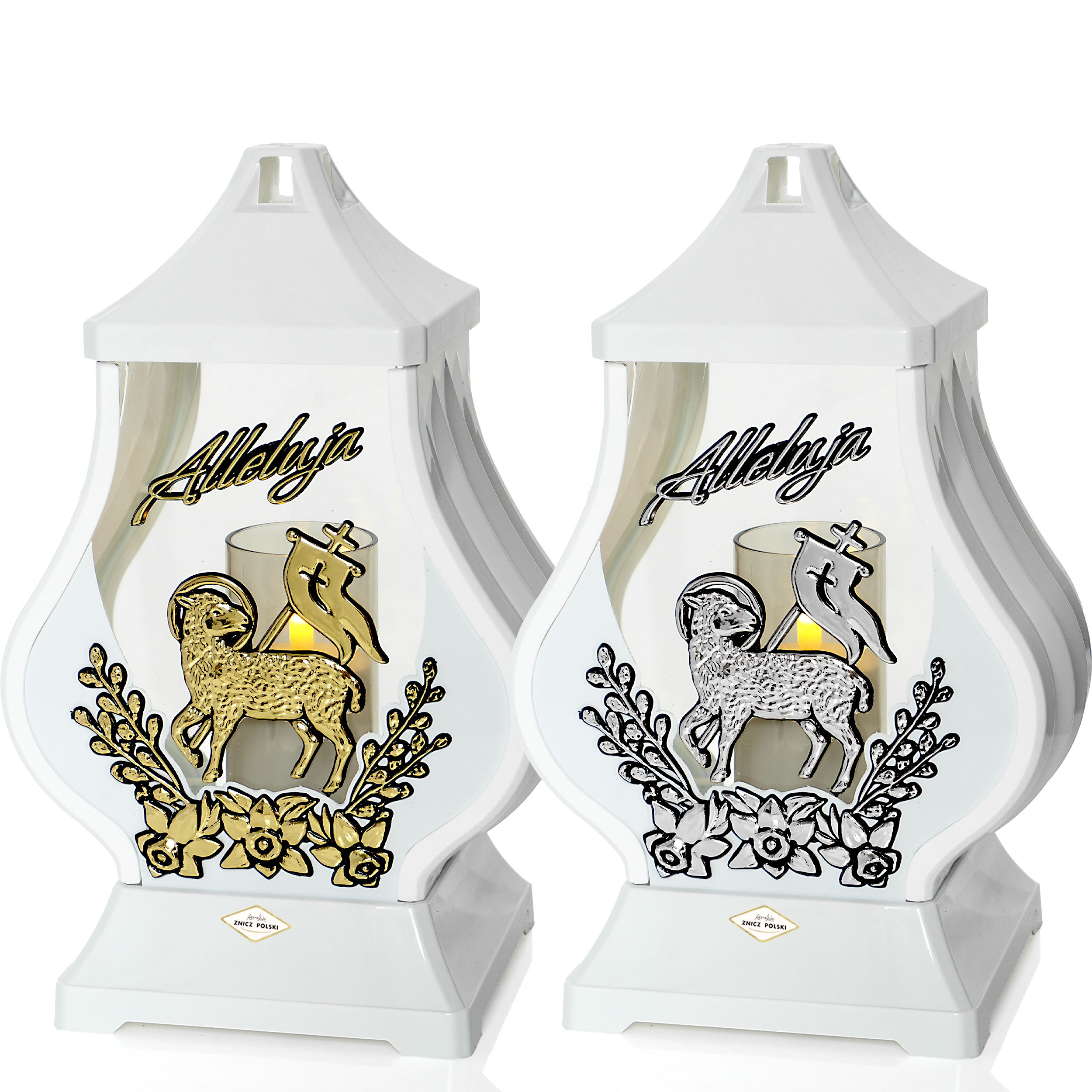 Znicz nagrobny wielkanocny w kolorze białym z elegancką aplikacją baranka i kwiatów