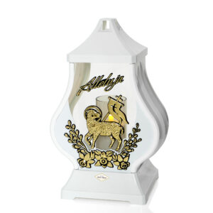 Znicz nagrobny wielkanocny w kolorze białym z elegancką aplikacją baranka i kwiatów