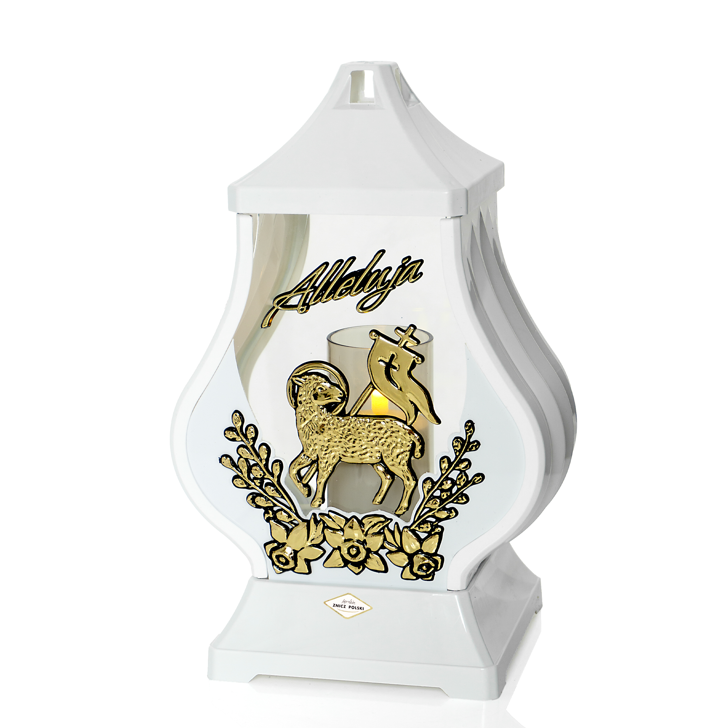 Znicz nagrobny wielkanocny w kolorze białym z elegancką aplikacją baranka i kwiatów