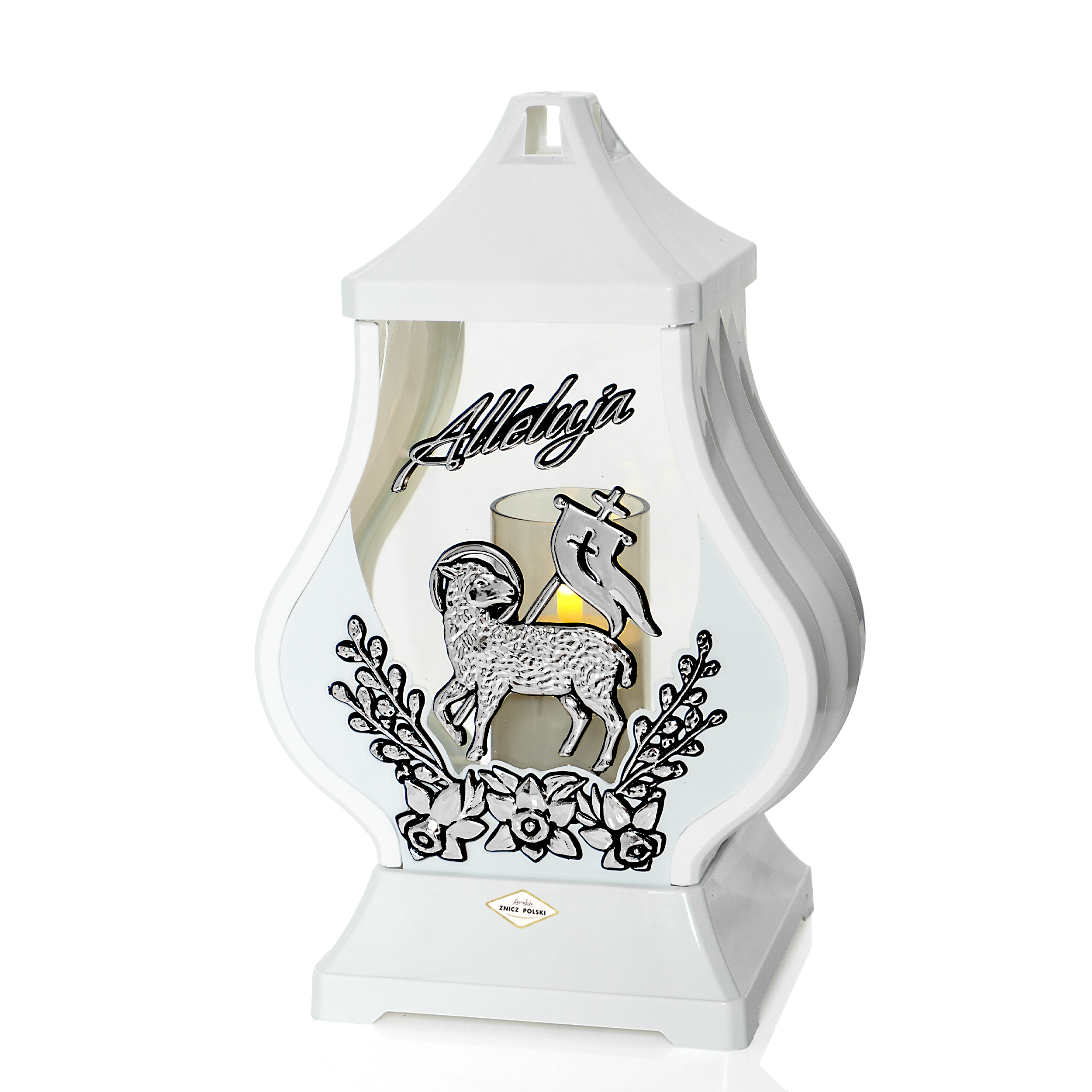 Znicz nagrobny wielkanocny w kolorze białym z elegancką aplikacją baranka i kwiatów