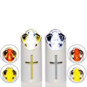 Wkład ledowy do zniczy biały ze złotym lub srebrnym wnętrzem i krzyżem LED 12cm