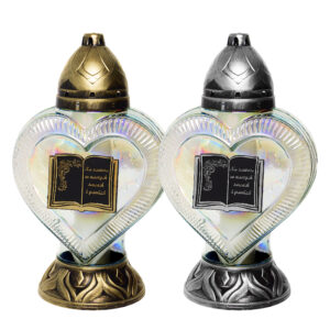 Duży szklany znicz w kształcie serca "Na zawsze w naszych sercach i pamięci"