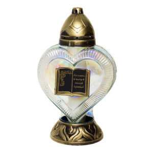 Duży szklany znicz w kształcie serca "Na zawsze w naszych sercach i pamięci"