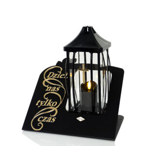 Elegancki czarny znicz z podstawką i ozdobnym napisem "Dzieli nas tylko czas"