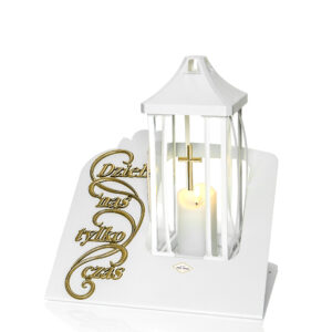 Elegancki biały znicz z podstawką i ozdobnym napisem "Dzieli nas tylko czas"