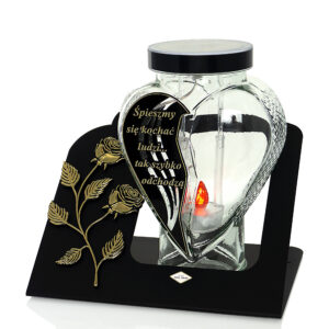 Szklany znicz solarny fotowoltaiczny w kształcie serca z wierszem