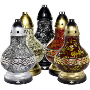 Witrażowy ozdobny znicz w kolorze czerwono-złotym lub srebrnym WITRAŻ KARAFA MINI